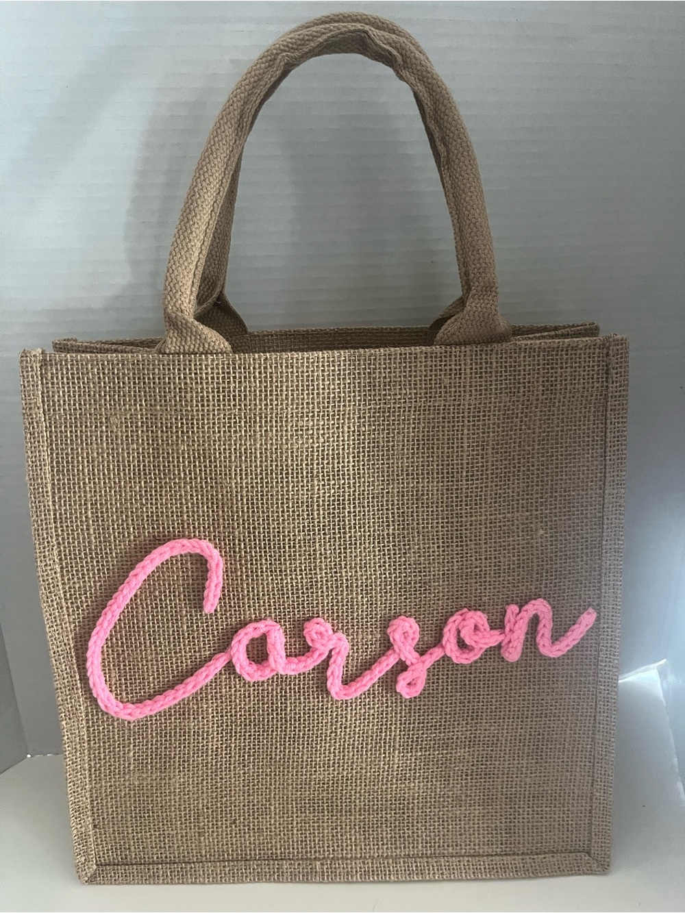 NEW PERSONALIZED JUTE TOTE BAG- "CARSON"- 12" X 12"